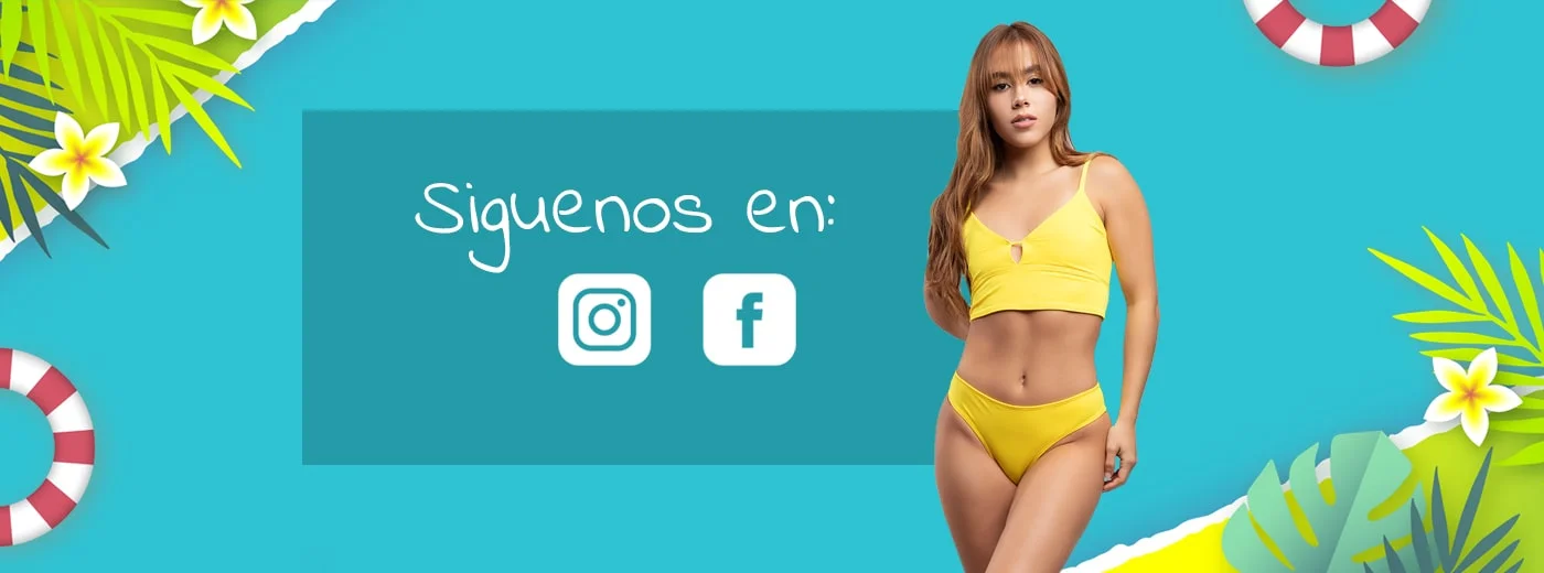 Banner con modelo posando en bikini amarillo e iconos de redes sociales.